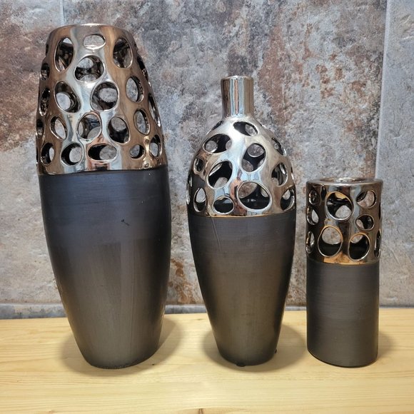 Cutwork Aluminum Ceramic VaseCandle Holder Stand Geometric Pattern Decor Set o